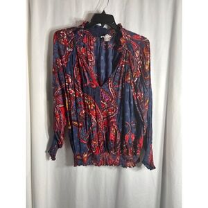 LASCANA VENUS Paisley Print Long Sleeve Smocked Blouse Top XL Blue Red